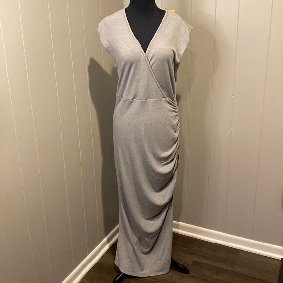 Rachel Zoe Large Ribbed Grey Maxi Dress Sleeveless Ruching on Side - Picture 1 of 7